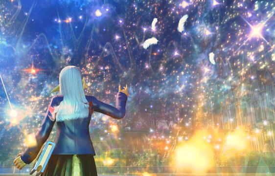 A blue-haired girl is standing in front of a starfield. Taken by Twitter @lethalghoul